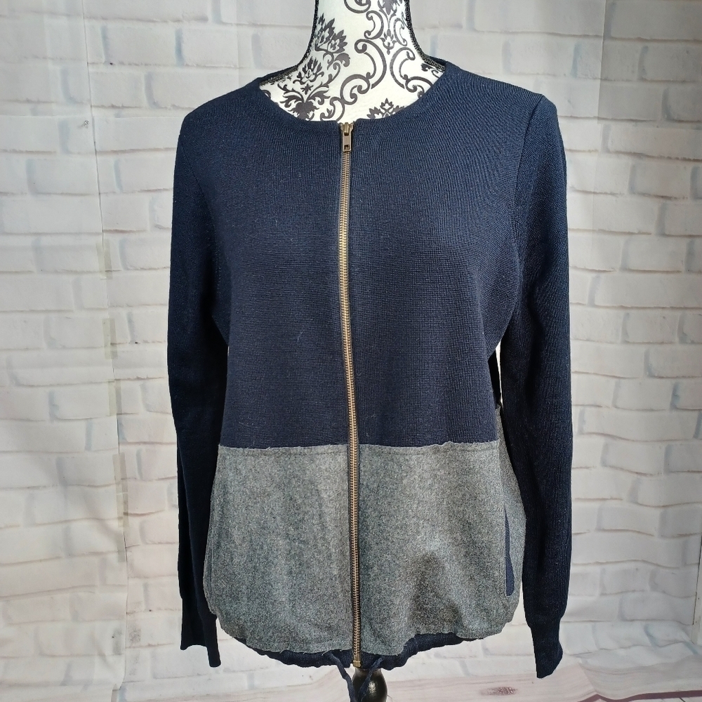 J Crew women's long sleeve zip front color block Marino wool jacket sz m b30